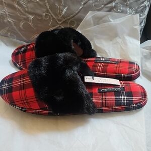 Red Plaid Slippers with Black Fur Trim